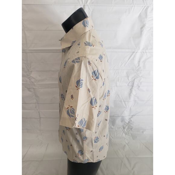 Ben Sherman Shirt Men’s Medium Beige w Blue Floral Print Short Sleeve Cotton # - Picture 5 of 10